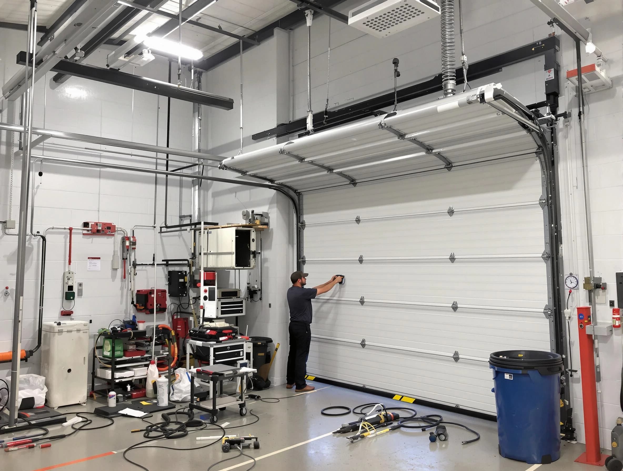 Montgomery Garage Door Repair certified technician performing commercial door repair at a Montgomery business facility